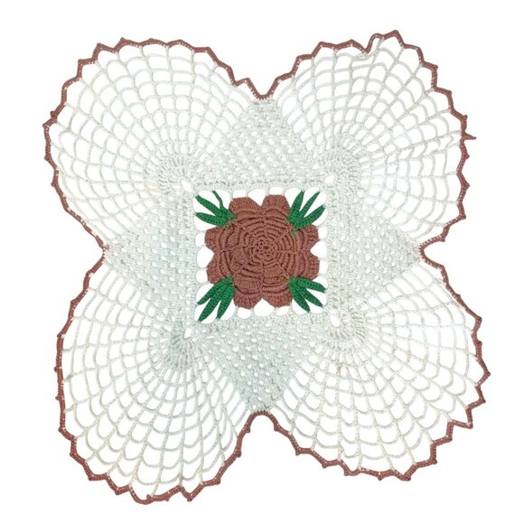 Set Of Two Vintage Rose Doilies Crochet Edged 18" Square Elegant Table Decor - Picture 2 of 7